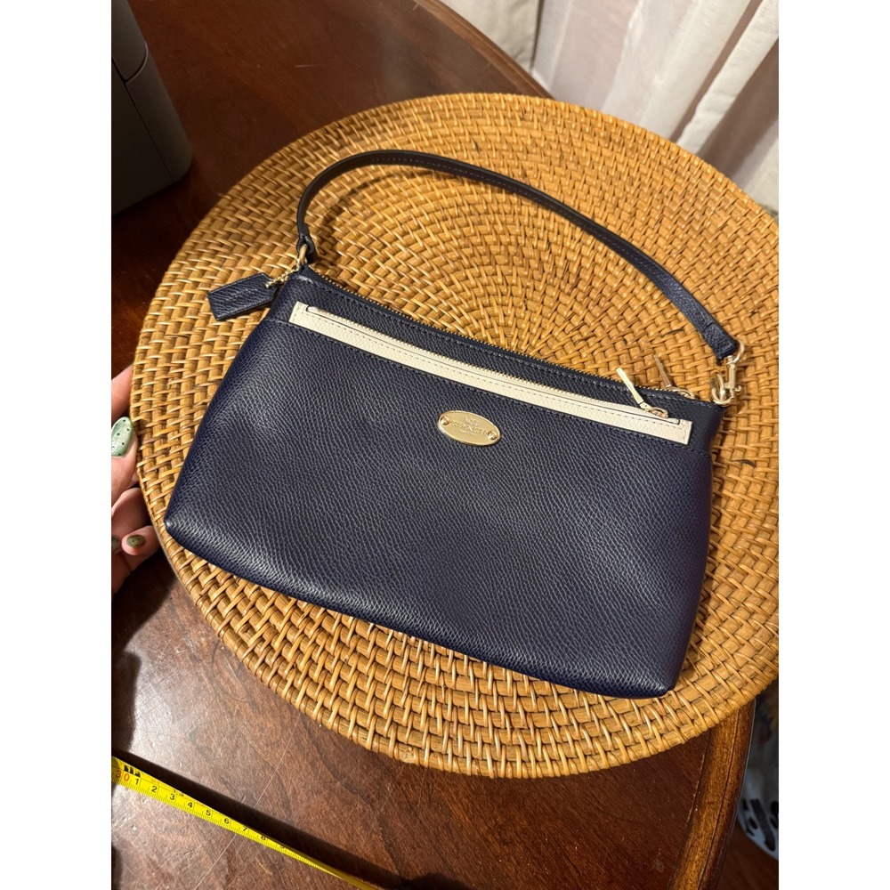 Coach Navy Blue Crossgrain Leather Wristlet Shoulder Bag with Cream Insert